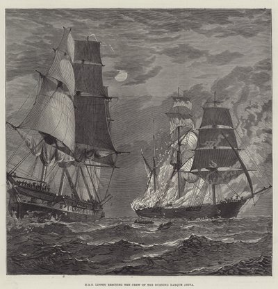 HMS Liffey rettet die Besatzung der brennenden Bark Anita (Stich) von English School
