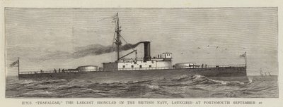 HMS "Trafalgar", das größte Panzerschiff der britischen Marine, in Portsmouth am 20. September vom Stapel gelaufen (Stich) von English School