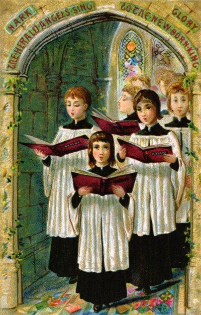 "Hört der Engel helle Lieder", viktorianische Postkarte von English School