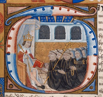 Historiated Initial zeigt König Heinrich VII., der das Buch erhält, Illustration aus 