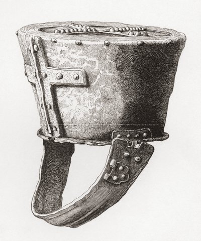 Helm, aus Schloss Pomeroy, England, aus dem 12. Jahrhundert, aus Die britische Armee: Ihre Ursprünge, Fortschritte und Ausrüstung, veröffentlicht 1868. von English School