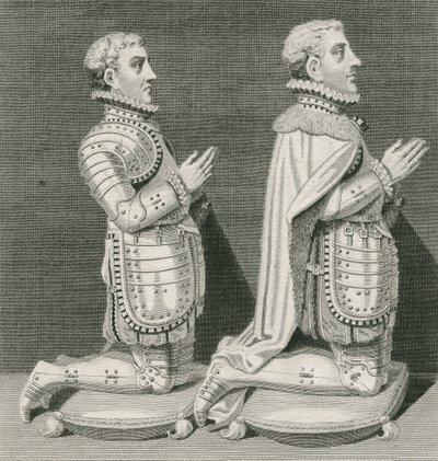 Henry Stuart, Lord Darnley und sein Bruder Charles Stuart, Earl of Lennox, kniend vor dem Grab ihrer Mutter in der Westminster Abbey, graviert von Andrew Birrell, 1796 von English School