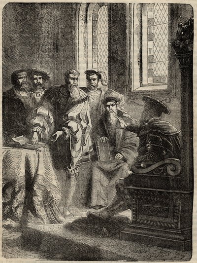 Heinrich VIII. und sein Rat ordnen die Übersetzung der Bibel ins Englische an - 1538 - Gravur aus „History of England“ von Cassell Petter & Galpin von English School