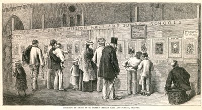 Plakatwand vor der St Benets Missionshalle und Schulen, Stepney von English School