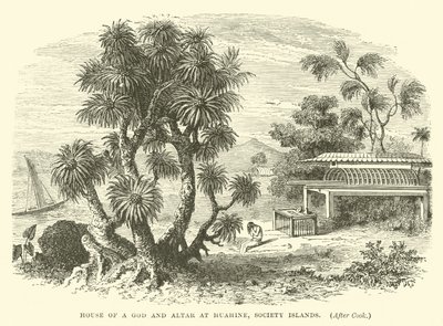 Haus eines Gottes und Altar in Huahine, Gesellschaftsinseln, nach Cook von English School