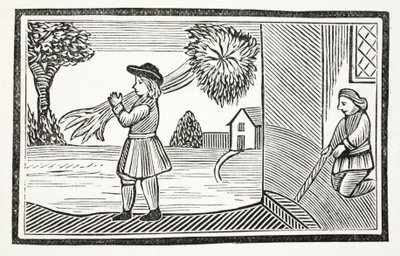Wie Tom Hickathrifts große Stärke bekannt wurde, Illustration aus Chap-books des achtzehnten Jahrhunderts von John Ashton, veröffentlicht 1882 von English School