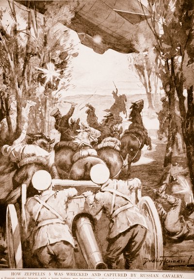 Wie Zeppelin 5 von der russischen Kavallerie zerstört und erbeutet wurde, 1914-19 von English School