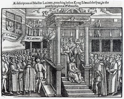 Hugh Latimer (ca. 1485-1555) predigt vor König Edward VI (1537-53) in Westminster im Jahr 1547, aus 
