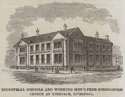 Industrieschulen und kostenlose Schulräume für Arbeiter in der Kirche von Kirkdale, Liverpool (Stich) von English School