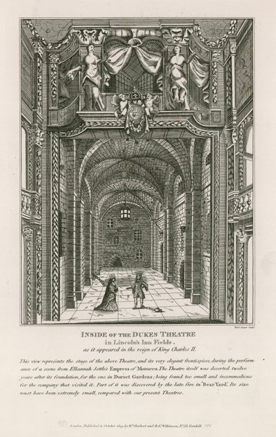 Innenansicht des Dukes Theatre in Lincolns Inn Fields, wie es in der Regierungszeit von König Charles II erschien von English School