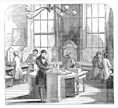 Instrumentenraum im Electric Telegraph Office, Lothbury, London, aus The Museum of Science and Art von Dionysius Lardner, ca. 1860 von English School