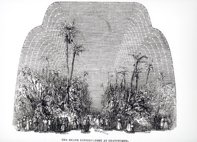 Innenansicht des Großen Konservatoriums in Chatsworth, 1843 von English School