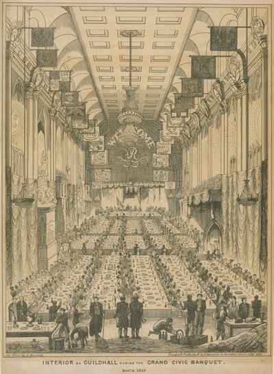 Innenraum der Guildhall während des großen städtischen Banketts, 9. November 1837 von English School