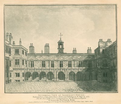 Innere Ansicht des Somerset House, The Strand, London; basierend auf einem Druck von W. Moss aus dem Jahr 1777 von English School