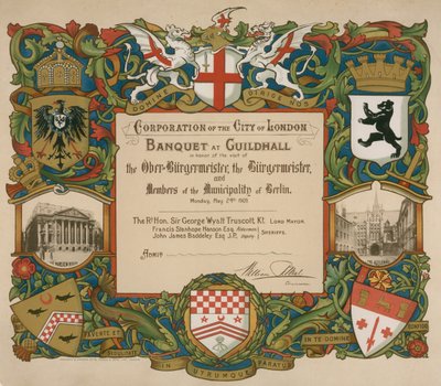 Einladung der Corporation of London zu einem Bankett in der Guildhall, 24. Mai 1909 von English School