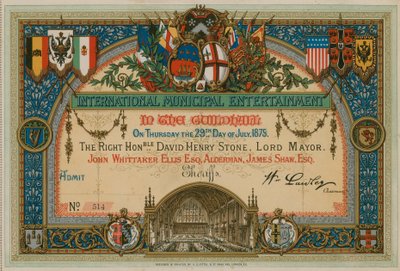 Einladung zur Internationalen Kommunalen Unterhaltung in der Guildhall, London, am 29. Juli 1875 von English School