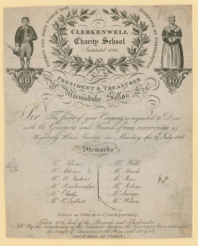 Einladung zum Abendessen der Clerkenwell Charity School von English School
