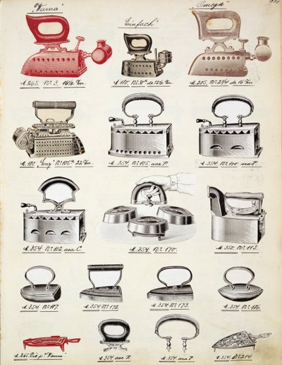 Bügeleisen, aus einem Handelskatolog für Haushaltswaren und Einrichtungsgegenstände, ca. 1890-1910 von English School
