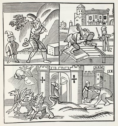 Jack und die Riesen, Illustration aus Chap-books des achtzehnten Jahrhunderts von John Ashton, veröffentlicht 1882 von English School