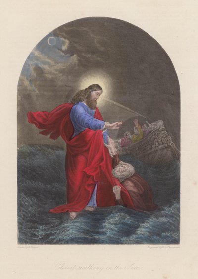 Jesus Christus geht auf dem See Genezareth (farbige Gravur) von English School