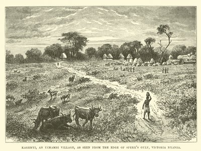 Kagehyi, ein Uchambi-Dorf, gesehen vom Rand des Spekes-Golfs, Victoria Nyanza von English School