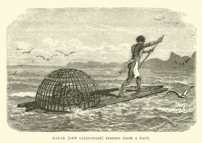 Kanak, Neukaledonier beim Fischen von einem Floß von English School