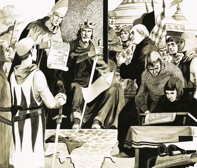 König Johann bereitet sich darauf vor, die Magna Carta in Runnymede zu unterzeichnen von English School
