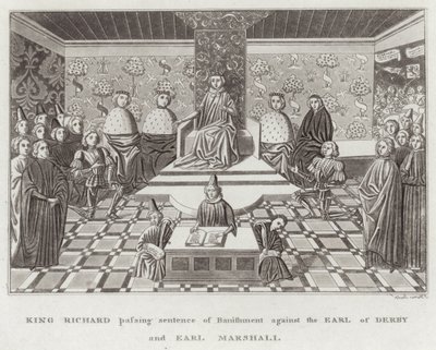 König Richard spricht das Urteil der Verbannung gegen den Earl of Derby und den Earl Marshall aus von English School