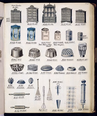 Küchenlager und Utensilien aus einem Handelskatolog für Haushaltswaren und Einrichtungsgegenstände, ca. 1890-1910 von English School