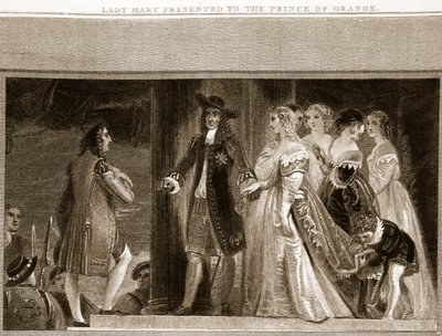 Lady Mary wird dem Prinzen von Oranien vorgestellt, Illustration aus David Humes The History of England, veröffentlicht von R. Bowyer, London, 1812 von English School