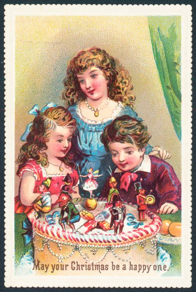 Dame und Kinder bewundern Weihnachtskuchen, Weihnachtskarte von English School