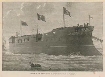 Stapellauf der türkischen Panzerschiff-Fregatte Mes Oudiyeh in Blackwall von English School