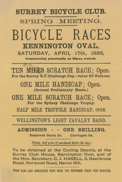 Flugblatt zur Werbung für Fahrradrennen im Kennington Oval, 17. April 1886 von English School