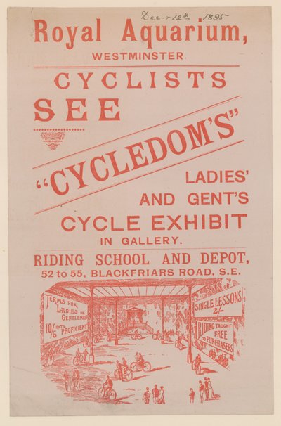 Flugblatt zur Werbung für die Cycledoms Damen- und Herrenrad-Ausstellung im Royal Aquarium von English School