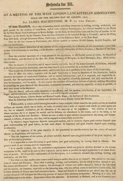 Flugblatt, das eine Resolution der West London Lancasterian Association erklärt, ab August 1813 Unterricht für Kinder anzubieten von English School