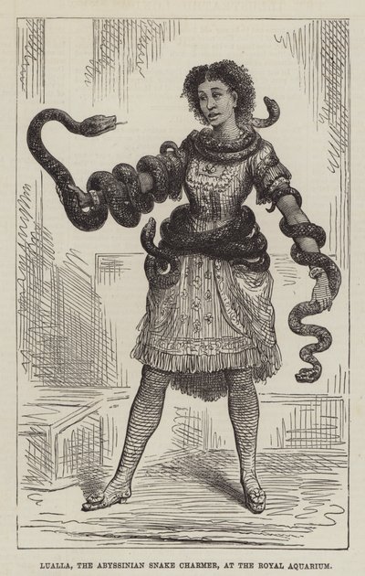 Lualla, die abessinische Schlangenbeschwörerin im Royal Aquarium (Gravur) von English School