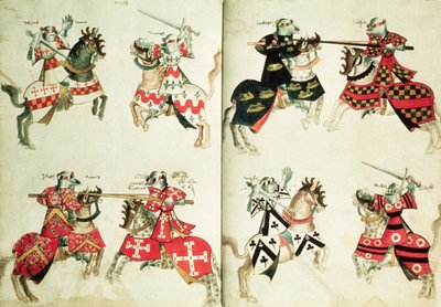 Ritterturnier mit heraldischen Emblemen (Pergament) von English School