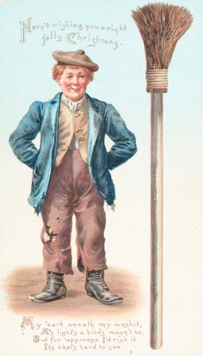 Mann mit Besen und Zigarette, Weihnachtskarte von English School