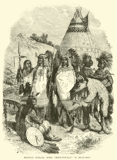 Mandan-Indianer mit Medizinmann im Bärenfell von English School