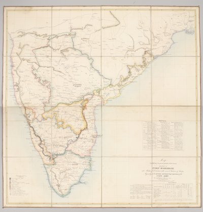 Karte, die die aktuelle Aufteilung des Landes, das von Fort St. George abhängt, in militärische Divisionen mit mehreren Truppenstationen zeigt von English School