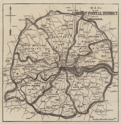 Karte der Londoner Postbezirke (Gravur) von English School