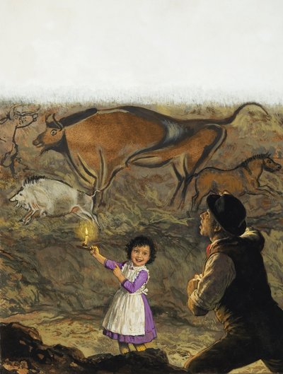 Marcelino Sanz de Sautuola (1831-88) und seine Tochter Maria entdecken die Höhlenmalereien von Altamira von English School