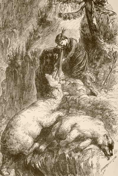 Marguerite de Roberval erschießt zwei Bären auf der Insel der Dämonen vor Neufundland von English School