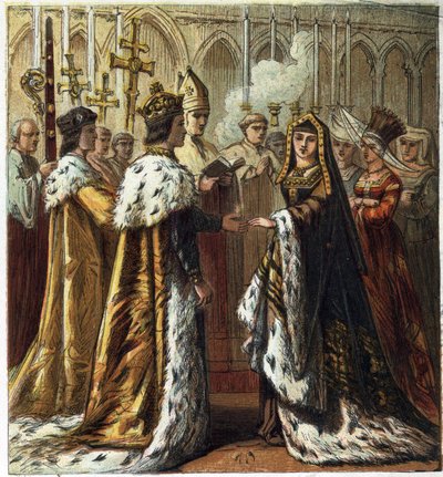 Heirat von Heinrich VII., König von England (1457-1509), mit Elizabeth von York (1466-1503) am 18. Januar 1486. Heirat von Heinrich VII. und Elizabeth von York. Chromolithographie in „Pictures of English History“ veröffentlicht von George Routledge & Sons. von English School