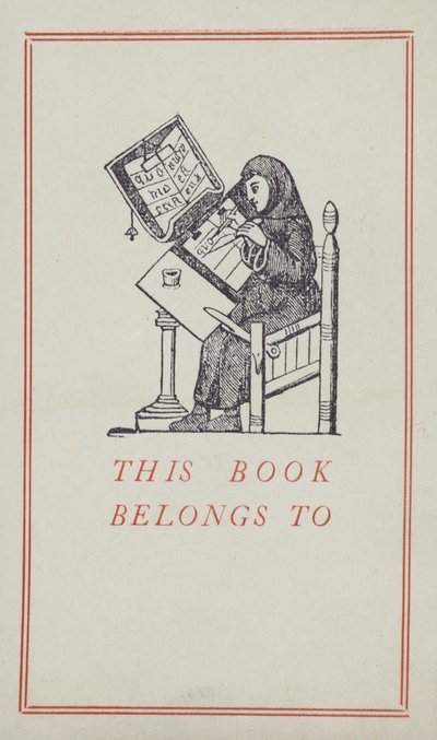 Mittelalterlicher Schreiber bei der Arbeit an einem Manuskript, Bucheigentumslabel von English School