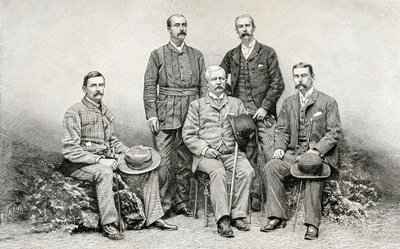 Mitglieder der Emin-Pascha-Entsatzexpedition von Sir Henry Morton Stanley, 1890 (Holzstich) von English School
