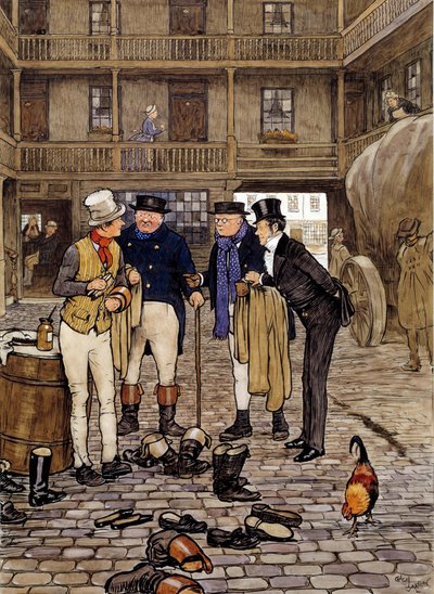 Mitglieder des Pickwick-Clubs treffen Sam Willer. Illustration der Werke von Charles Dickens (1812-1870) aus der englischen Schule. 1837 Private Sammlung von English School