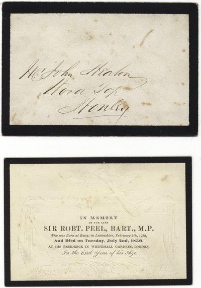 Gedenkkarte zum Andenken an den verstorbenen Sir Robert Peel von English School