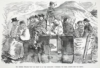 Mr. Briggs, der fühlt, dass sein Herz in den Highlands ist, auf der Jagd nach dem Hirsch, startet in den Norden, Illustration aus Punch von English School