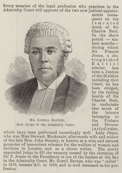 Mr. Gorell Barnes, neuer Richter des Admiralty Court (Stich) von English School